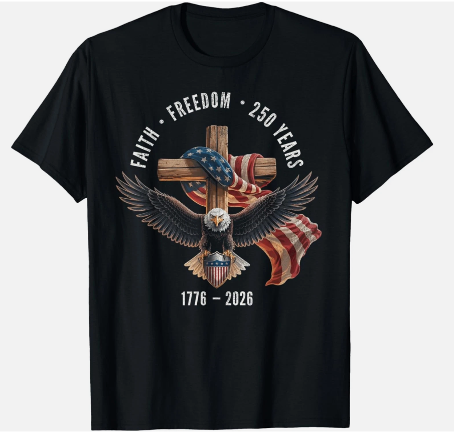 Faith Freedom 250 Years 1776-2026 Christian Cross Shield T-Shirt unisex Tee