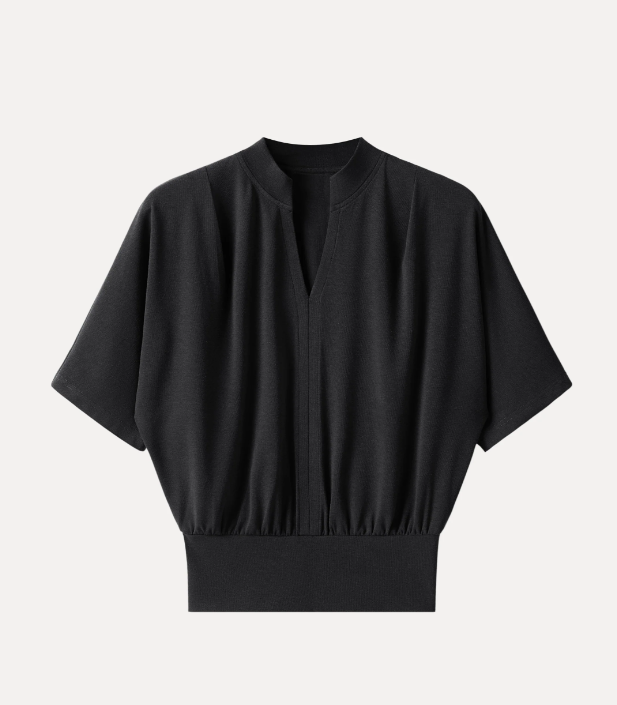 Stand Collar V-Neck Short Sleeve Top