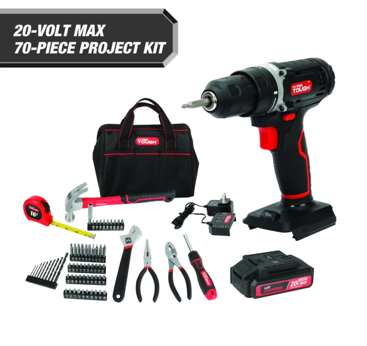 Hyper Tough 20V 70-Piece Cordless Drill Project Kit with 1.5Ah Battery