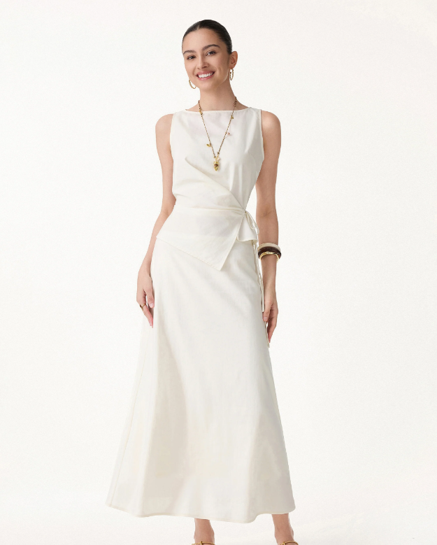 2Pcs Set Boatneck Waist-Defined Top & Maxi Flared Pull-On Skirt