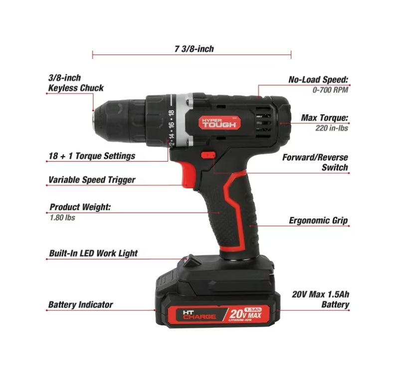 Hyper Tough 20V 70-Piece Cordless Drill Project Kit with 1.5Ah Battery