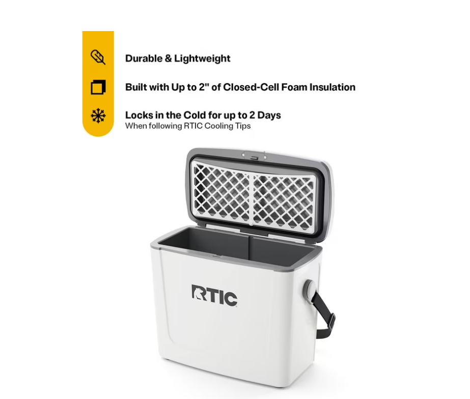 RTIC Road Trip 16 Qt Hard-Sided Cooler, Fits 12 Cans, White & Grey
