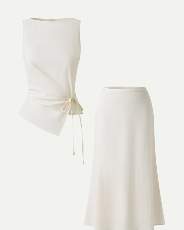 2Pcs Set Boatneck Waist-Defined Top & Maxi Flared Pull-On Skirt