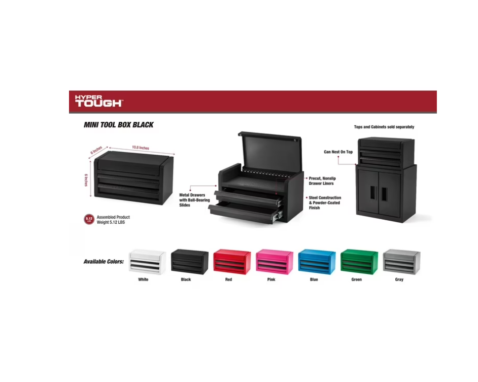 Hyper Tough Mini 10-Inch 2-Drawer Steel Toolbox – Black