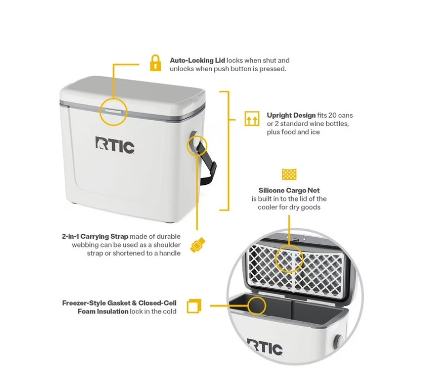 RTIC Road Trip 16 Qt Hard-Sided Cooler, Fits 12 Cans, White & Grey