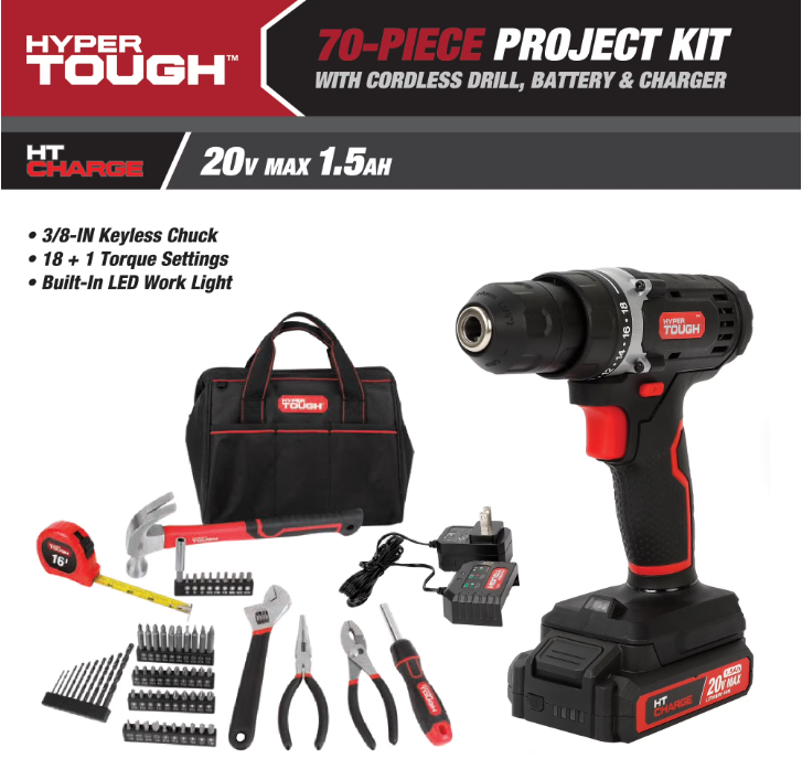 Hyper Tough 20V 70-Piece Cordless Drill Project Kit with 1.5Ah Battery
