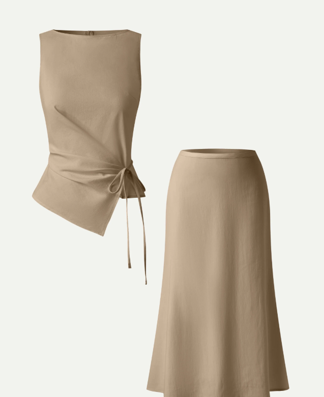 2Pcs Set Boatneck Waist-Defined Top & Maxi Flared Pull-On Skirt