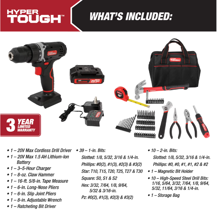 Hyper Tough 20V 70-Piece Cordless Drill Project Kit with 1.5Ah Battery