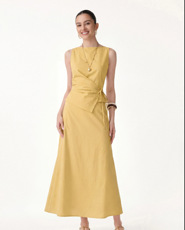 2Pcs Set Boatneck Waist-Defined Top & Maxi Flared Pull-On Skirt