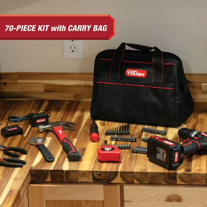 Hyper Tough 20V 70-Piece Cordless Drill Project Kit with 1.5Ah Battery