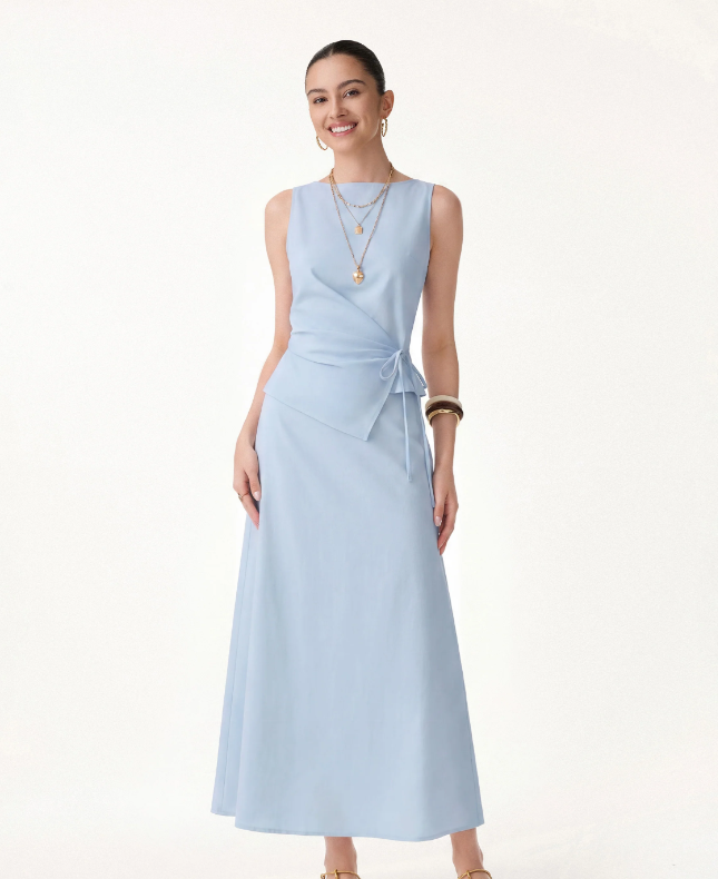 2Pcs Set Boatneck Waist-Defined Top & Maxi Flared Pull-On Skirt