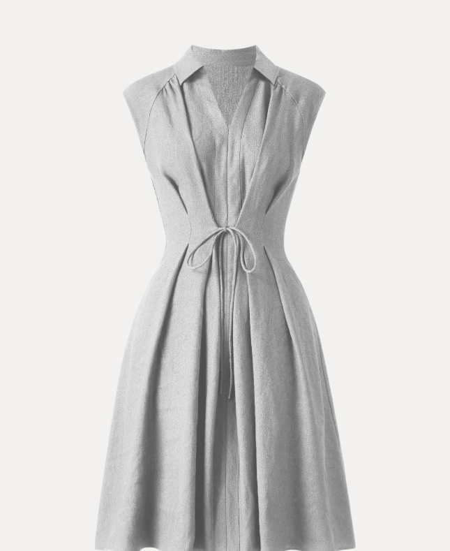 Viscose-Linen Collared V-neck Midi Dress with Drawstring