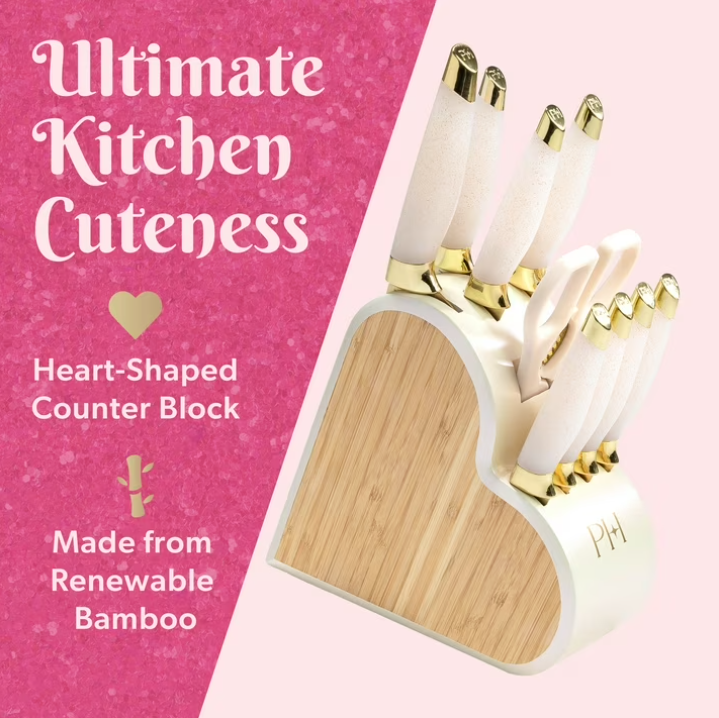 Paris Hilton Kitchen Knife Set with Heart-Shaped Block, 10-Piece Set, White Iridescent